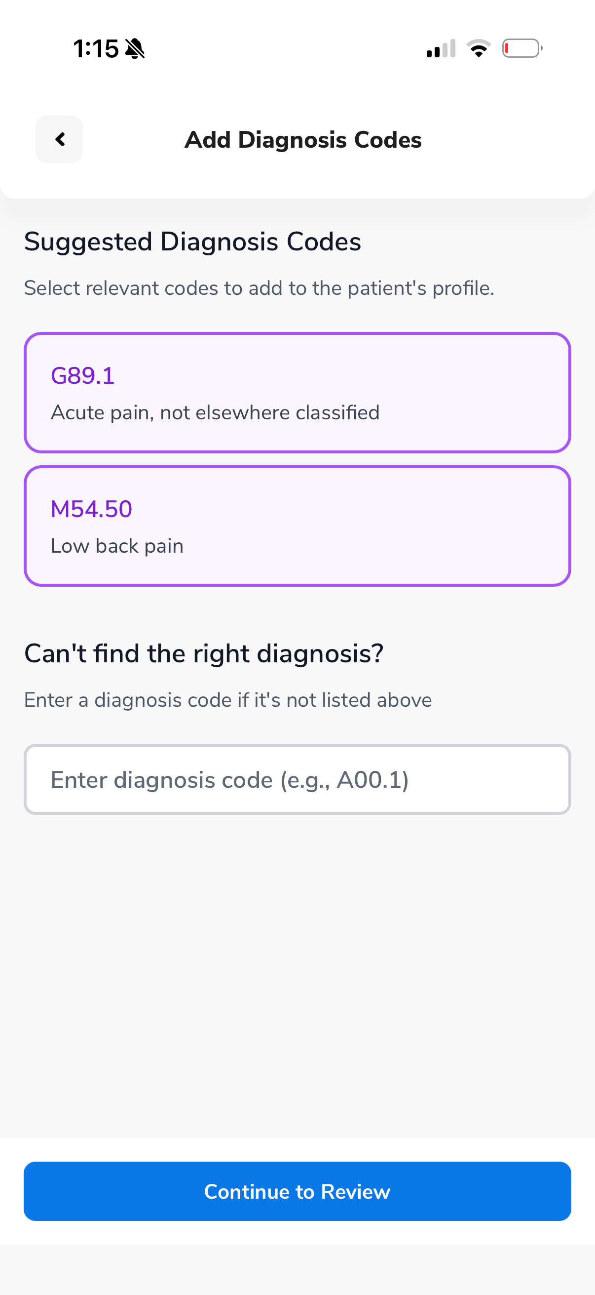 AI suggested diagnosis codes - G89.1 Acute pain, M54.50 Low back pain