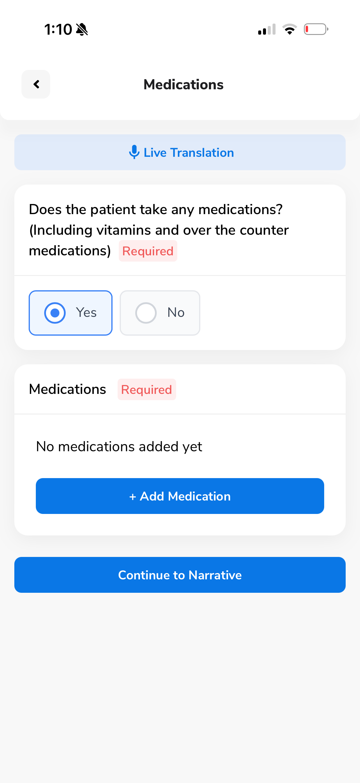 Medications question screen - Does the patient take any medications?