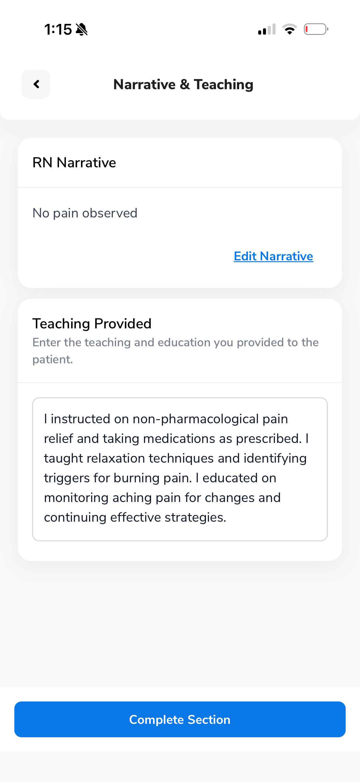 Narrative & Teaching screen - AI-generated patient teaching