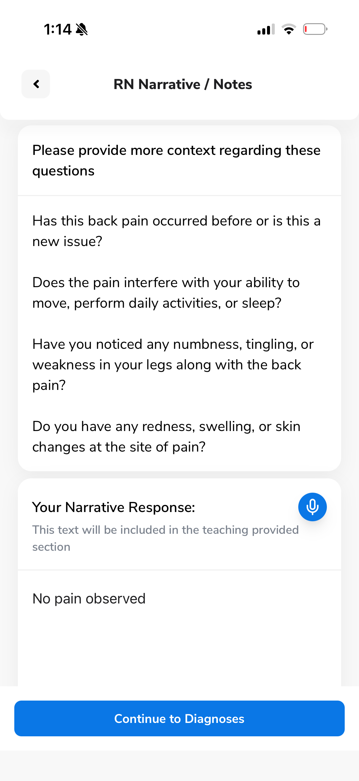 RN Narrative / Notes screen with follow-up questions