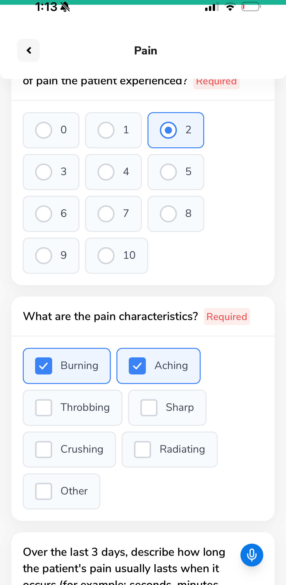 Pain scale 0-10 and pain characteristics